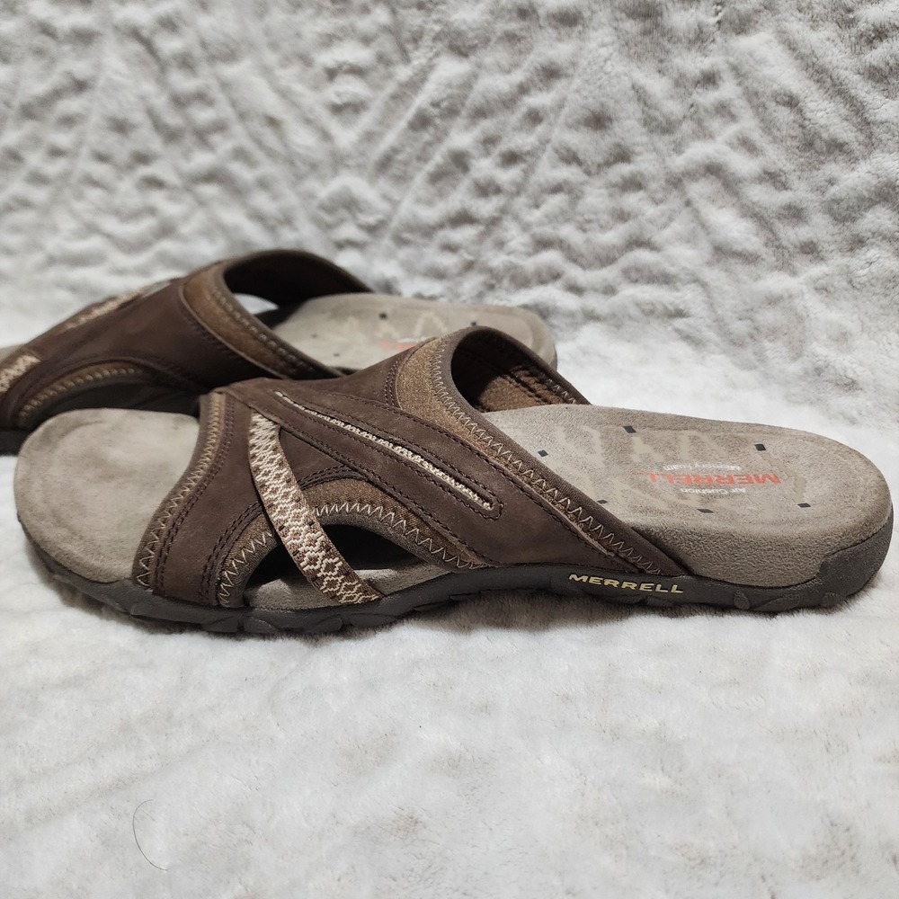 Merrell Brown and Tan Women's Slide Sandals with Cross-Strap Detail